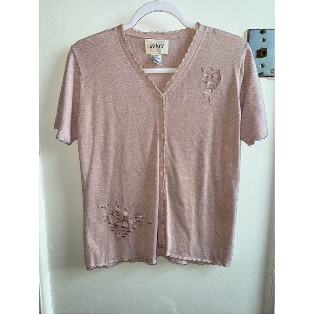 Vintage Jenny Pink Short Sleeve Cardigan L Embroidered Floral Cottagecore Y2K